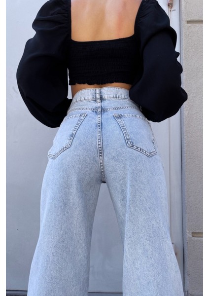 Kadın Lebron Mavi Kar Yıkama Yüksek Bel Bol Paça Denim Kot Pantolon- Salaş Pantolon fırsatları