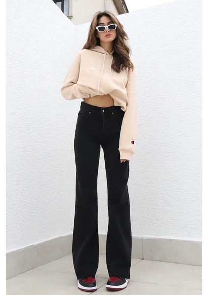 Özel Tasarım Kadın Siyah Yüksek Bel Bol Paça Denim Kot Pantolon