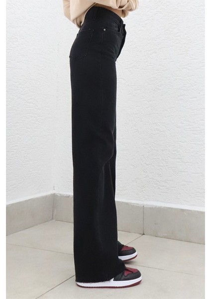 Özel Tasarım Kadın Siyah Yüksek Bel Bol Paça Denim Kot Pantolon modelleri