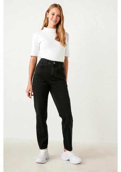 Kadın Siyah Boyfriend Likralı Kot Pantolon -Denim Kot Pantolon