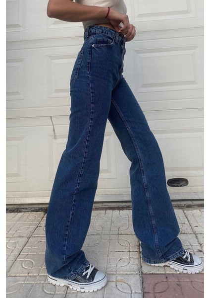 Luga Koyu Mavi Likralı Süper Yüksek Bel Salaş Jeans Palazzo Pantolon- Bol Paça fırsatları