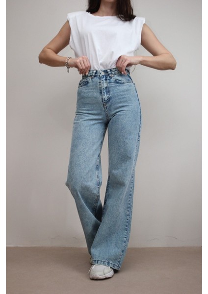 Özel Tasarım Mavi Kar Yıkama Yüksek Bel Likralı Bol Paça Denim Kot Pantolon fiyatları