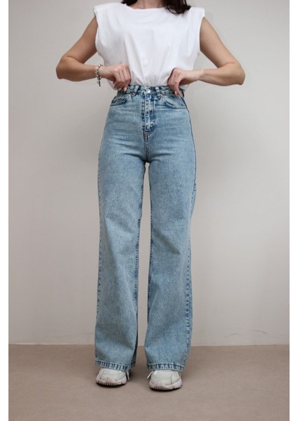 Özel Tasarım Mavi Kar Yıkama Yüksek Bel Likralı Bol Paça Denim Kot Pantolon modelleri