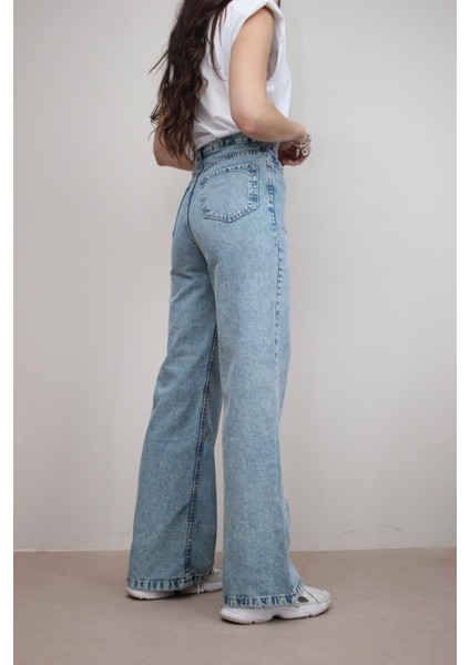 Özel Tasarım Mavi Kar Yıkama Yüksek Bel Likralı Bol Paça Denim Kot Pantolon indirimleri