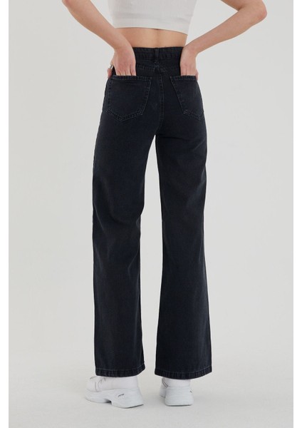 Kadın Siyah Süper Yüksek Bel Bol Paça Jeans - Likralı Wide Leg Kot Pantolon
