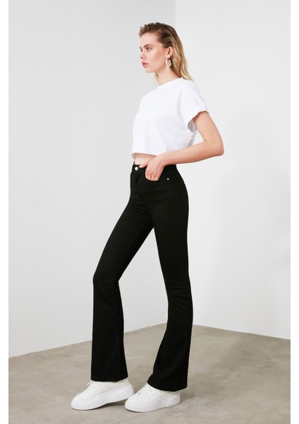 Solmayan Siyah Flare Jeans Ispanyol Paça Kot Pantolon fiyatları
