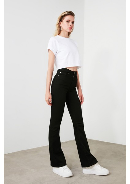 Solmayan Siyah Flare Jeans Ispanyol Paça Kot Pantolon modelleri