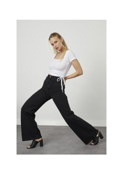 Kadın Siyah Yüksek Bel Geniş Paça Wide Leg Kot Pantolon