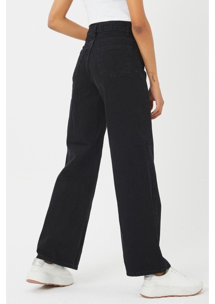 Beauty Siyah Salaş Süper Yüksek Bel Jeans - Likralı Geniş Paça Kot Pantolon fırsatları