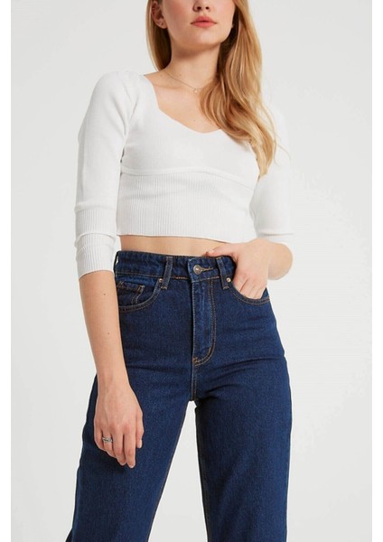 Maryland Koyu Mavi Yüksek Bel Bol Paça Denim Kot Pantolon- Geniş Paça