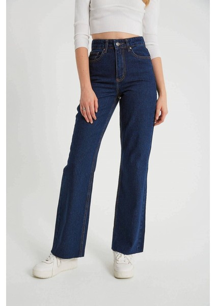 Maryland Koyu Mavi Yüksek Bel Bol Paça Denim Kot Pantolon- Geniş Paça fiyatları