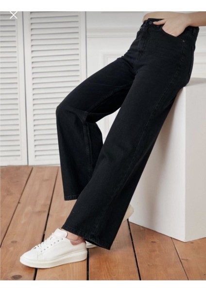Kadın Siyah Yüksek Bel Geniş Paça Wide Leg Kot Pantolon