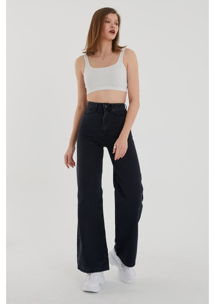 Süper Yüksek Bel Solmaz Denim Kumaş Bol Paça Jeans