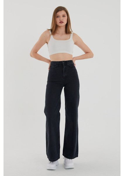 Kadın Siyah Yüksek Bel Geniş Paça Wide Leg Kot Pantolon