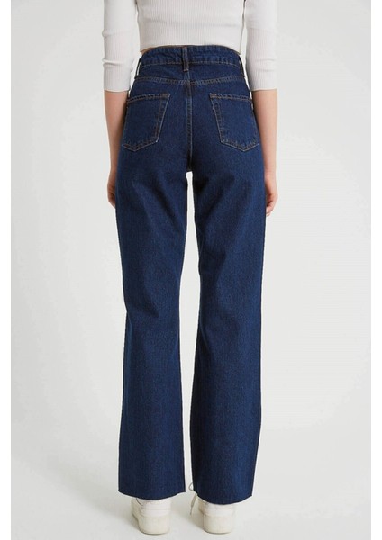 Maryland Koyu Mavi Yüksek Bel Bol Paça Denim Kot Pantolon- Geniş Paça