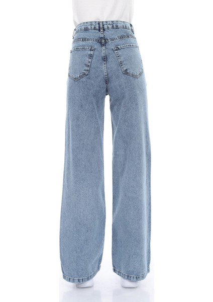 Mavi Kar Yıkamalı Likralı Salaş Süper Yüksek Bel Geniş Paça - Wide Leg Jeans (Süper Yüksek Bel)