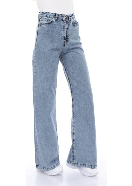 Mavi Kar Yıkamalı Likralı Salaş Süper Yüksek Bel Geniş Paça - Wide Leg Jeans (Süper Yüksek Bel)