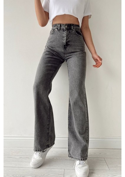 Ildo Kadın Füme Yüksek Bel Bol Paça Denim Kot Pantolon