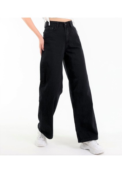 Siyah Geniş Paça Detaylı Fermuarlı Süper Yüksek Bel Jeans Salaş Kot Pantolon fiyatları