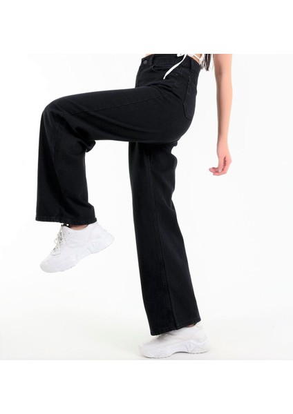 Siyah Geniş Paça Detaylı Fermuarlı Süper Yüksek Bel Jeans Salaş Kot Pantolon indirimleri