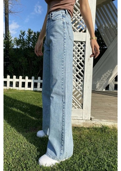 Kadın Mavi Kar Yıkama Süper Yüksek Bel Likralı Bol Paça Denim Kot Pantolon
