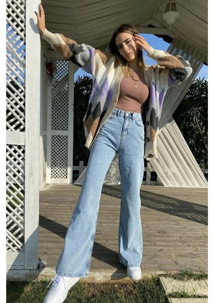 Kadın Mavi Kar Yıkama Süper Yüksek Bel Likralı Bol Paça Denim Kot Pantolon fiyatları