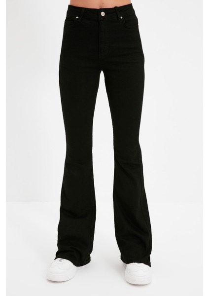Toparlayıcı Flare Jeans - Kadın Siyah Yüksek Bel Ispanyol Paça Kot Pantolon
