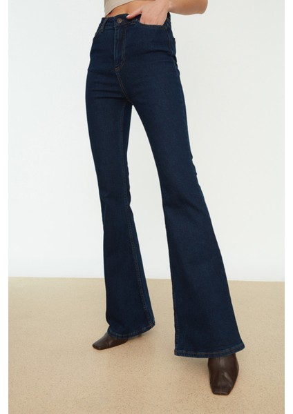 Ramrod Koyu Mavi Yüksek Bel Flare Jeans Ispanyol Paça Kot Pantolon