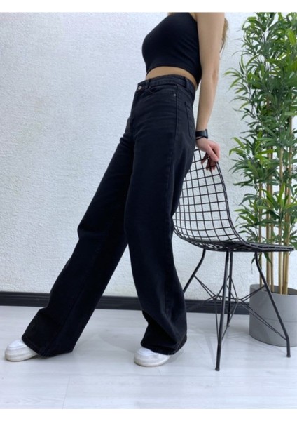 Solmaz Siyah Likralı Bol Paça Jean -Bol Wide Leg Kot Pantolon