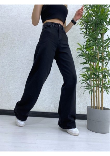 Solmaz Siyah Likralı Bol Paça Jean -Bol Wide Leg Kot Pantolon fiyatları