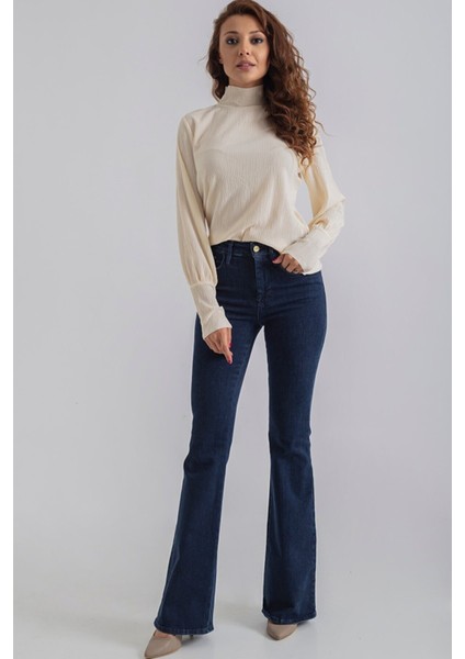 Koyu Mavi Ispanyol Paça Kot Pantolon Yüksek Bel Flare Jeans (Toparlayıcı) indirimleri