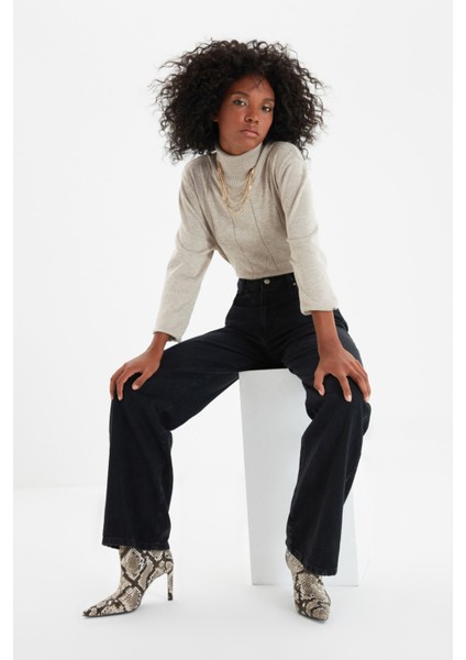 Kadın Siyah Yüksek Bel Geniş Paça Wide Leg Kot Pantolon indirimleri