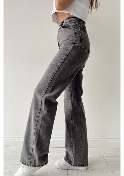 Pakel Füme Likralı Süper Yüksek Bel Salaş Jeans Palazzo Pantolon-Wide Leg fiyatları