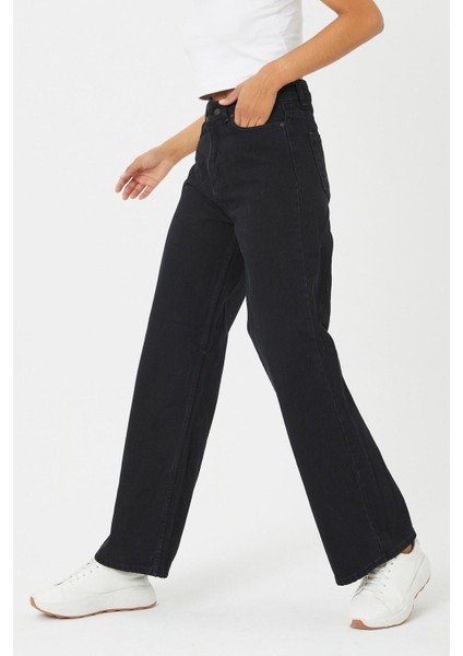 Beauty Siyah Salaş Süper Yüksek Bel Jeans - Likralı Geniş Paça Kot Pantolon