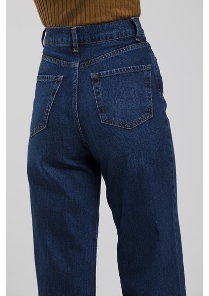 Utah Koyu Mavi Yüksek Bel Bol Paça Denim Kot Pantolon- Geniş Paça