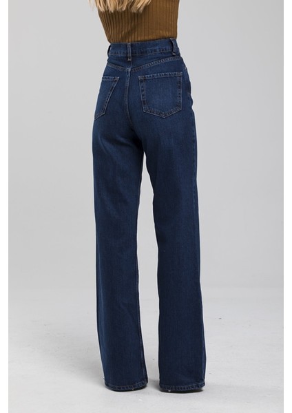 Utah Koyu Mavi Yüksek Bel Bol Paça Denim Kot Pantolon- Geniş Paça