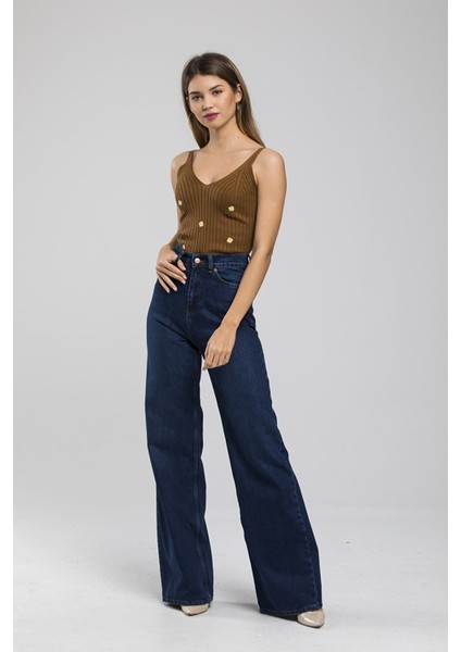 Utah Koyu Mavi Yüksek Bel Bol Paça Denim Kot Pantolon- Geniş Paça