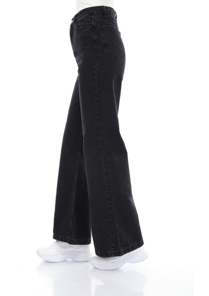Solmayan Siyah Likralı Süper Yüksek Bel Salaş Jean Geniş Paça Kot Pantolon (Süper Yüksek) fırsatları