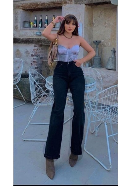 Kadın Siyah Yüksek Bel Geniş Paça Wide Leg Kot Pantolon modelleri