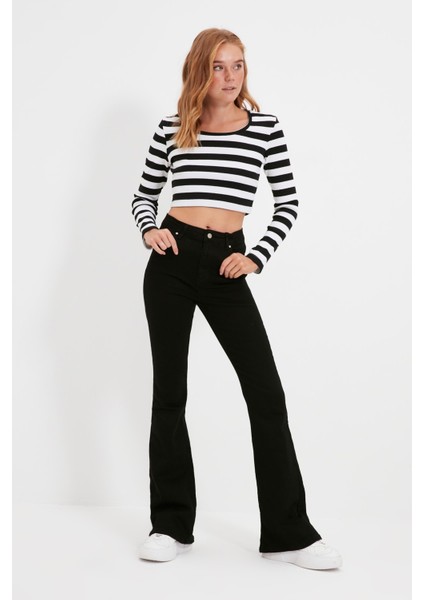 Bianca Yüksek Bel Ispanyol Paça Solmayan Siyah Jeans Kot Pantolon