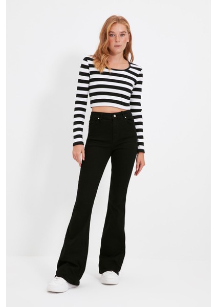 Bianca Yüksek Bel Ispanyol Paça Solmayan Siyah Jeans Kot Pantolon