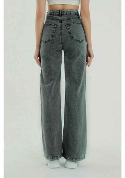 Füme Likralı Salaş Wide Leg Yüksek Bel Kot Pantolon- Bol Kesim