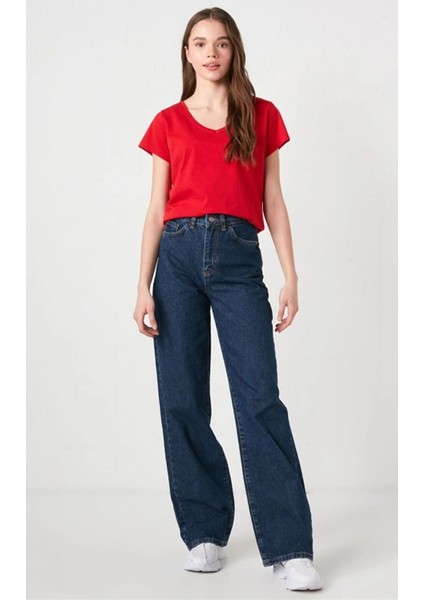 Koyu Mavi Bol Paça Likralı Kadın Yüksek Bel Bol Paça Denim Kot Palazzo Pantolon