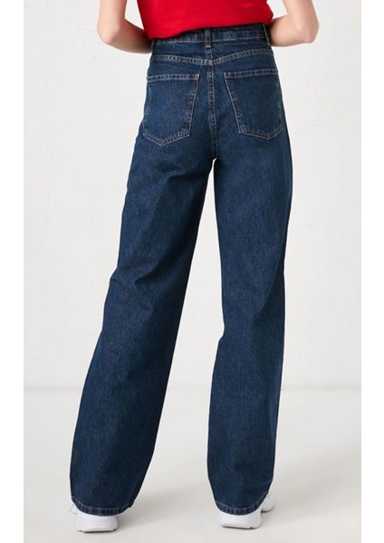 Koyu Mavi Bol Paça Likralı Kadın Yüksek Bel Bol Paça Denim Kot Palazzo Pantolon fiyatları