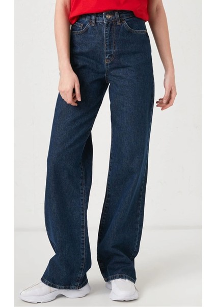 Koyu Mavi Bol Paça Likralı Kadın Yüksek Bel Bol Paça Denim Kot Palazzo Pantolon modelleri