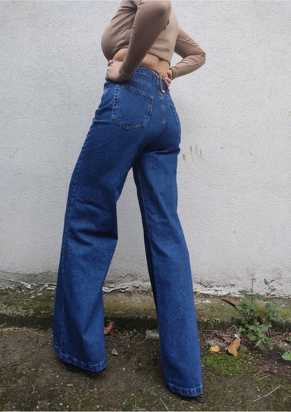 Mavi Yüksek Bel Bol Paça Denim Kot Pantolon