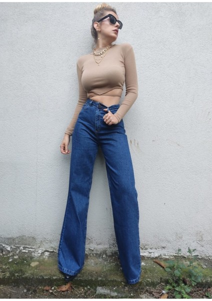 Mavi Yüksek Bel Bol Paça Denim Kot Pantolon fiyatları