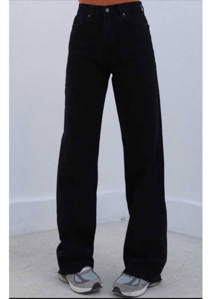 Kadın Efsa Yüksek Bel Likralı Siyah Geniş Paça Kot Pantolon fırsatları