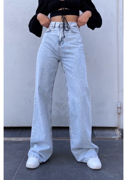 Bhava Mavi Likralı Kadın Yüksek Bel Bol Paça Denim Kot Palazzo Pantolon