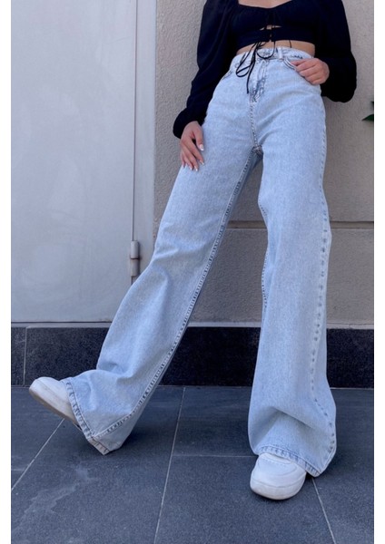 Bhava Mavi Likralı Kadın Yüksek Bel Bol Paça Denim Kot Palazzo Pantolon modelleri